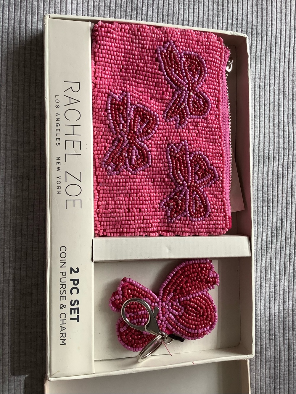 Rachel Zoe Hot Pink Beaded Coin Purse with Butterfly Charm